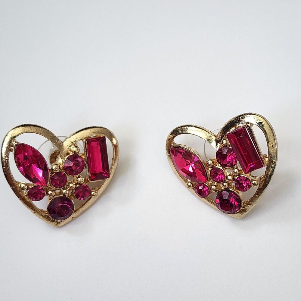 Vintage Heart Earrings Gold Tone Pink Rhinestones Floral Back Pierced Retro